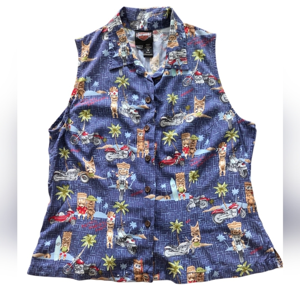 Harley-Davidson Hawaii Tiki Sleeveless Shirt Blue Moto Women M Tori Richard Y2K